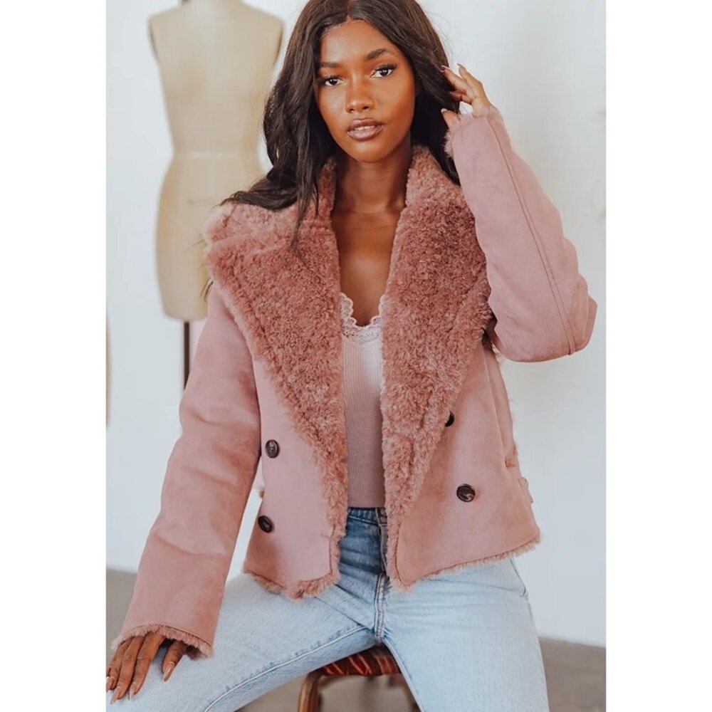 Lulus Faux Shearling Aviator Jacket Blush Pink Suede Look Cropped Size Medium